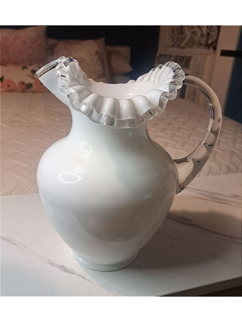 Vintage Fenton #7467 Silver Crest 70-Ounce Milk Glass Pitcher Clear Ruffled Edge